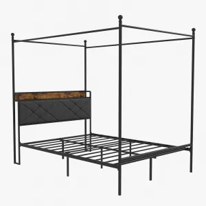 Queen Canopy Bed Frame with Charging Station, Metal Platform, Upholstered Linen Headboard, 4" Storage Shelf, 11" Underbed Space, Steel Slats, Noise-Free, No Box Spring Needed, Bedroom