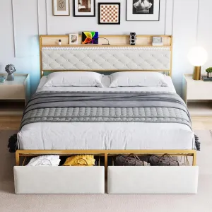 King Bed Frame with Storage Headboard and 2 Drawers LED Lights Metal Platform Bed Frame with USB Ports&Outlets, Noise Free, No Box Spring Needed, White