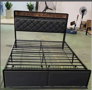 Queen Bed Frame with RGB LED Lights Headboard & 2 Storage Drawers, Storage Headboard, Upholstered Platform Bed with USB Ports & Outlets, Noise Free, No Box Spring Needed, Easy Assembly, Beige