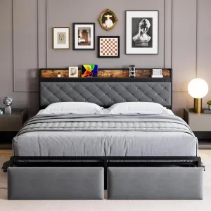 Full Bed Frame with RGB LED Lights Headboard & 2 Storage Drawers, Storage Headboard, Upholstered Platform Bed with USB Ports & Outlets, Noise Free, No Box Spring Needed, Grey