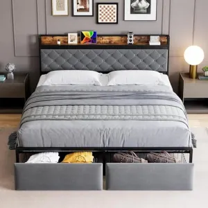 King Bed Frame with RGB LED Lights + 2 Drawers + Metal Slats + USB Ports & Outlets + Grey Upholstered Headboard + No Box Spring Needed + Bedroom