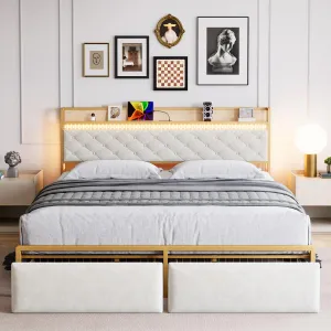 Full Bed Frame with Storage Headboard and 2 Drawers LED Lights Metal Platform Bed Frame with USB Ports&Outlets, Noise Free, No Box Spring Needed, White