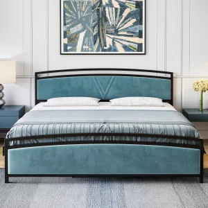 Full Size Button Tufted Platform Bed Frame/Fabric Upholstered Bed Frame with Adjustable Headboard/Wood Slat Support/Mattress Foundation/Blue
