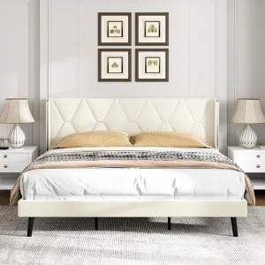 Queen Bed Frame, Velvet Platform Queen Bed with Wingback Headboard, Upholstered Bed Frame, Solid Wooden Slats Support, No Box Spring Needed, Beige