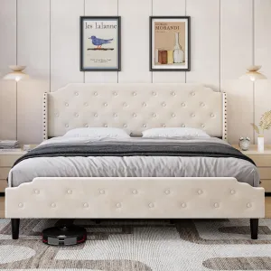 King Bed Frame, Velvet Platform Bed Frame with Headboard, Upholstered Bed Frame with Rivet Wingback Headboard, No Box Spring Needed, Easy Assembly, Beige