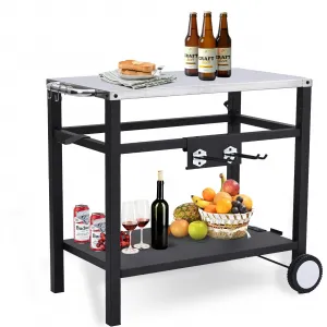 Outdoor Grill Cart with Wheels & Hooks for Pizza Oven – Portable Stainless Steel Utility Table, Prep Station, Silver