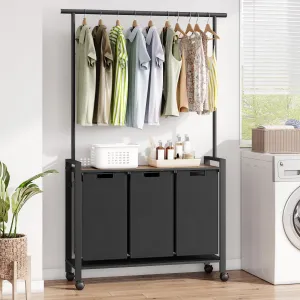 Laundry Sorter, Laundry Hamper 3 Section with Hanging Rack, Rolling Laundry Cart on Wheels, Pull-Out and Removable Laundry Basket with Shelf, Rustic Brown and Black