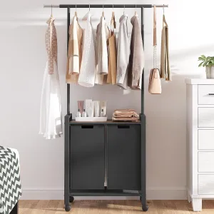 Laundry Sorter 2 Section Laundry Basket Organizer With Hanging Bar Laundry Hamper Organization With Storage Shelf With Heavy Duty Rolling Lockable Wheels, Black