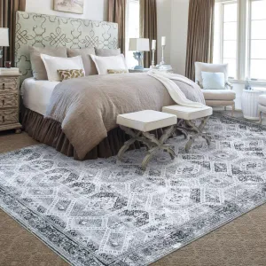 Grey Area Rug 5x7 Geometric Pattern, Machine Washable, Chenille Material, Anti-Slip, Foldable, Ideal for Living Room