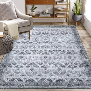 Farmhouse Vintage Area Rug 9x12 Non-Slip Throw Rug Oriental Distressed Rug Low-Pile Non-Shedding Area Rug for Laundry Bathroom Bedroom (Grey)