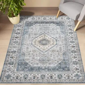 Area Rug 5x7 Washable Bedroom Rug Vintage Rug Non Slip Oriental Accent Rugs for Living Room Distressed Geometric Print Floor Carpet Retro Throw Rug for Kitchen Dining Room, Teal Grey