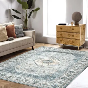 8x10 Area Rug Vintage Area Rug Stain Resistant Indoor Area Rug Low Pile Non Slip Waterproof Area Rug Machine Washable Rug for Living Room Bedroom, 8' x 10' Blue