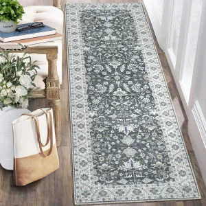 Washable Runner Rug, 2x6 Non Slip Vintage Hallway Kitchen Runner Rug Distressed Floral Print Oriental Rugs Foldable Thin Rug Retro Accent Rug Runner for Laundry Bathroom Bedroom, Grey