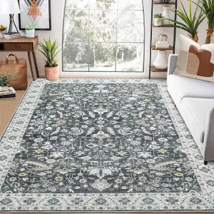 Washable Rug 8x10 Living Room Area Rug,Indoor Vintage Throw Carpet Mat Distressed Floral Print Bedroom Rugs Lightweight Foldable Thin Rug Non Slip Home Decor Mat for Dining Room Kitchen, Grey