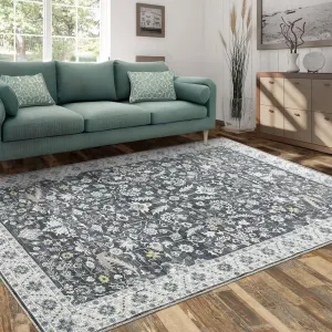 Washable Rug 9x12 Living Room Area Rug,Indoor Vintage Throw Carpet Mat Distressed Floral Print Bedroom Rugs Extra Large Foldable Thin Rug Non Slip Home Decor Mat for Dining Room Kitchen, Grey
