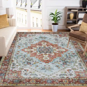Washable Rug 8x10 Area Rugs Boho Printed Rug Low Pile Large Area Rug Oriental Rug Vintage Distressed Floor Mat Non Slip Area Rugs Living Room Bedroom, Rust/Dull Teal