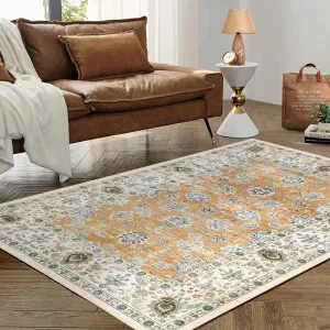 Washable Rug 4x6 Small Oriental Area Rug Non-Slip Vintage Area Rug Boho Indoor Entry Throw Rug Non-Shedding Indoor Floor Carpet or Living Room Bedroom Dining Room, 4' x 6' Orange