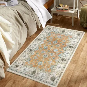 Small Washable Rug 2 x 3 Entryway Doormat Vintage Indoor Area Rug Non-Slip Kitchen Sink Rug Stain Resistant Boho Floor Carpet for Entrance Laundry Bedroom, 2' x 3' Orange