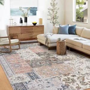 8x10 Living Room Rug Machine Washable Area Rug Throw Oriental Indoor Carpet Boho Retro Area Rug Vintage Rug for Bedroom Kitchen Nursery Home Office, 8' x 10' Orange