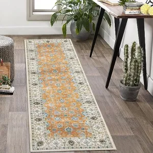 2x6 Kitchen Rug Runner Vintage Hallway Runner Rug Long Machine Washable Runner Rug Low Pile Stain Resistant Runenr Rug for Hallway Laundry Entryway, 2' x 6' Orange