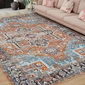 8x10 Area Rugs for Living Room,Washable Persian Rug Vintage Rug Distressed Floral Print Floor Carpet Retro Accent Throw Rug Traditional Non Slip Home Decor Rug Bedroom Dining Room Office,Orange