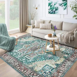 8x10 Area Rugs Machine Washable Rug Washable Floral Rug Non-Slip Chic Vintage Low Pile Rugs for Living Room, Bedroom, Farmhouse, Dining Room, Kids Playroom