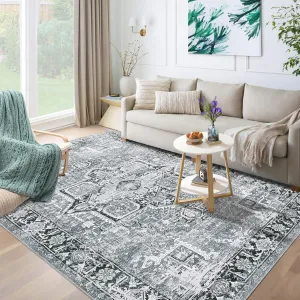 Machine Washable Rug 9x12 Vintage Design Area Rugs with Non Slip Rugs for Living Room Bedroom Floral Print Rug Carpet Stain Resistant, Grey