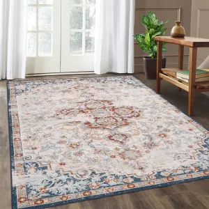 Washable Rug 9x12 Boho Floral Oriental Large Area Rugs Vintage Distressed Carpet Accent Rugs Non Slip Low Pile Indoor Rug for Bedroom Dinning Room Office, Red/Beige