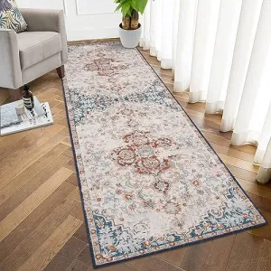 Small Area Rug 2x3 Boho Chic Medallion Distressed Rug Oriental Vintage Bohemian Kitchen Rug Non Slip Indoor Carpet Washable Entryway Rug for Bedroom Living Room, Red/Beige