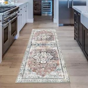 Runner Rug 2x6 Oriental Distressed Hallway Rug Vintage Area Rug Low-Pile Non-Slip Washable Thin Rug Foldable Accent Rug for Kitchen Bedroom Living Room (Rust)