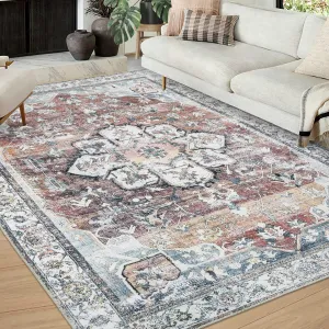 Area Rug Vintage Rug 4x6 Oriental Floral Print Floor Mat for Living Room Bedroom Machine Washable Low Pile Carpet Non-Slip Foldable Floor Carpet for Nursery Dorm Home Office, Rust