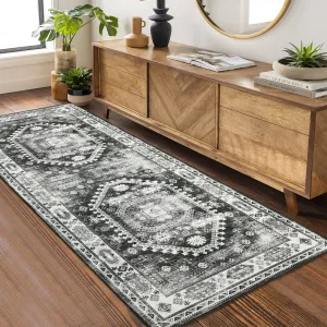 Washable Runner Rug Black Grey 2x6 Boho Vintage Hallway Rug Runner Traditional Kitchen Runner Oriental Rug Non-Slip Throw Carpet for Entryway Bedroom Laundry Room Foyer