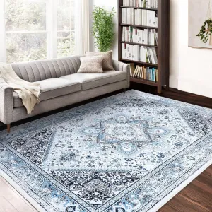 Vintage Medallion Area Rug 9x12 Large Floral Rug Ultra Soft Non-Slip Floor Cover Boho Low Pile Foldable Rug Washable Thin Rug for Bedroom Living Room Dining Room Home Office Blue