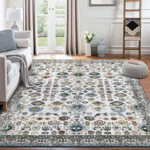 Ultra-Thin Washable Rug 5x7 Non-Slip Rug Indoor Medallion Distressed Floor Carpet for Living Room Bedroom Oriental Floral Throw Carpet Non-Shedding Foldable Low Pile Floor Cover Blue