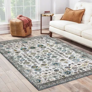 8x10 Area Rug Large Floral Rug Vintage Medallion Area Rug Ultra Soft Non-Slip Floor Cover Washable Thin Rug Boho Low Pile Foldable Rug for Bedroom Living Room Dining Room Office Grey