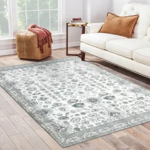 Ultra-Thin Washable Rug 5x7 Non-Slip Rug Indoor Medallion Distressed Floor Carpet for Living Room Bedroom Oriental Floral Throw Carpet Non-Shedding Foldable Low Pile Floor Cover Grey
