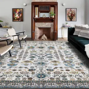 8x10 Area Rug Large Floral Rug Vintage Medallion Area Rug Ultra Soft Non-Slip Floor Cover Washable Thin Rug Boho Low Pile Foldable Rug for Bedroom Living Room Dining Room Office Blue