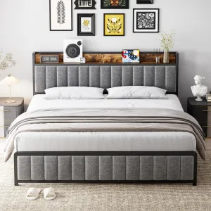2024 New Bed Frame with Storage Headboard, Upholstered Platform Bed, USB Ports & Outlets, Metal Slats Support, Noise Free, No Box Spring Needed, Easy Assembly (Grey, Queen)