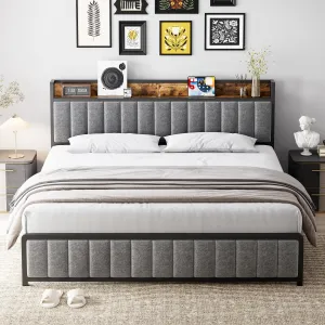 Full Size Bed Frame with Shelf Headboard and Charging Station, Industrial Upholstered Platform Bed with Outlets, Heavy Duty Metal Slats Support, No Box Spring Needed, Easy Assembly, Grey