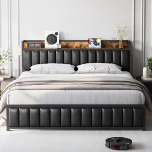 Queen Bed Frame with Storage Headboard, Upholstered Platform Bed with USB Ports & Outlets, Black Queen Bed Frame with Strong Metal Slats Support, No Box Spring Needed