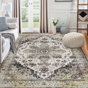 Grey Area Rug 8x10 Floral Oriental Printed Large Floor Cover Machine Washable Rugs Non-Shedding Floor Mat Soft Blue Living Rug for Bedroom Children's Playroom Rug with Non-Slip Backing