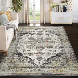 Large Living Room Rug 10x13 Vintage Floral Grey Washable Stain Resistant Non-Slip Indoor Carpet