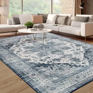 Washable 10x13 Area Rug Boho Vintage Medallion Pattern Non Slip Low Pile Stain Resistant Blue