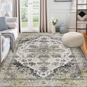 9x12 Area Rug Vintage Distressed Machine Washable Area Rug for Living Room Bedroom Traditional Medallion Non-Slip Stain Resistant Accent Rug Carpet for Home Decor Floor Decoration, Grey
