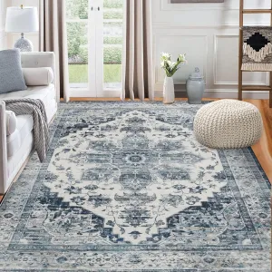 9x12 Area Rug Vintage Distressed Machine Washable Area Rug for Living Room Bedroom Traditional Medallion Non-Slip Stain Resistant Accent Rug Carpet for Home Decor Floor Decoration, Blue