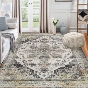 Vintage Rug for Bedroom Vintage Floral Printed Washable Rug Non-Slip Laundry Room Rug Non-Slip Kitchen Runner Rug Hallway Rug Laundry Rug Aesthetic Bedside Rug, Gray Rug, 6 x 9 Feet