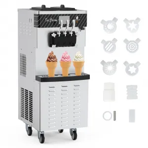 3 Flavor Soft Serve Ice Cream Maker 2450W 20-30L/H Yield 14L Hopper Smart LED Controls Self-Clean Mobile for Snack Bars Supermarkets (Pre-Chill, 304 Steel)