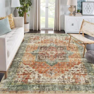 Area Rug 9x12 Non-Slip Vintage Low Pile Rugs Washable Rug Indoor Floor Cover Print Distressed Carpet Non-Shedding Oriental Area Rug for Living Room Bedroom, 9’x12’, Brown