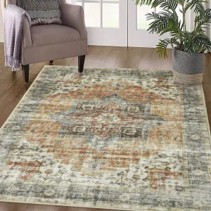 Area Rug 4x6 Vintage Rug for Entryway Vintage Area Rug Floor Cover Print Carpet Distressed Machine Washable Foldable Accent Rug for Bedroom Living Room, 4’x6’, Brown