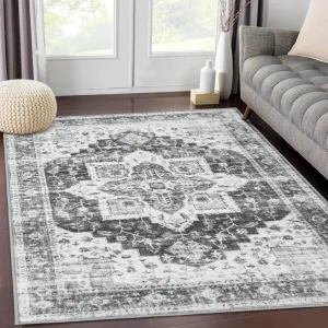 Area Rug 5x7 Vintage Vintage Rug Vintage Area Rug Indoor Floor Cover Print Carpet Distressed Machine Washable Foldable Accent Rug for Bedroom Living Room, 5’x7’, Grey